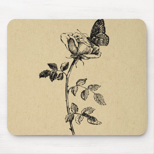Rose with Butterfly Vintage Art Mouse Mat (Front)