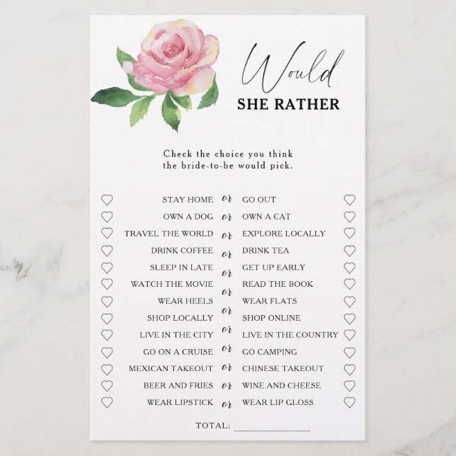Rose - Would she rather bridal shower game (Front)