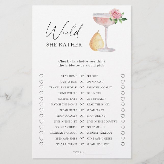 Rose - Would she rather bridal shower game (Front)