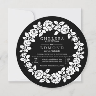 Rose wreath black and white modern wedding invitation