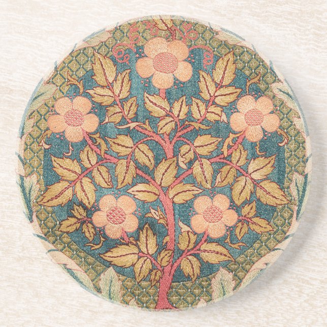 Rose Wreath Embroidery Design by William Morris Coaster (Front)