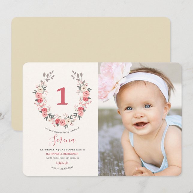 Rose Wreath First Birthday Invitation (Front/Back)