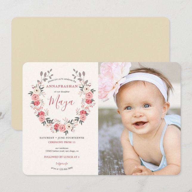 Rose Wreath First Rice Ceremony Invitation (Front/Back)