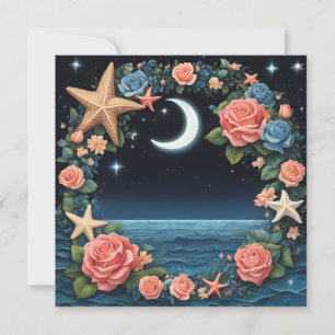 Rose Wreath Seashells and Moon Ocean Mother's Day Holiday Card