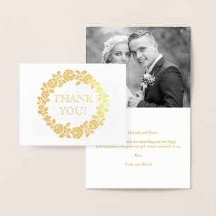 Rose wreath wedding Thank you photo Foil Card
