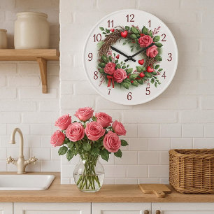 Rose Wreath with Red Hearts Large Clock