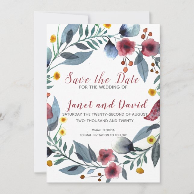 Rose, Yellow & Blue Floral Save The Date Invitation (Front)