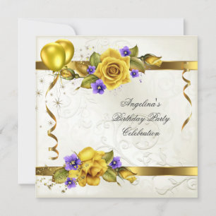 Rose Yellow Gold Purple Cream Birthday Party Invitation