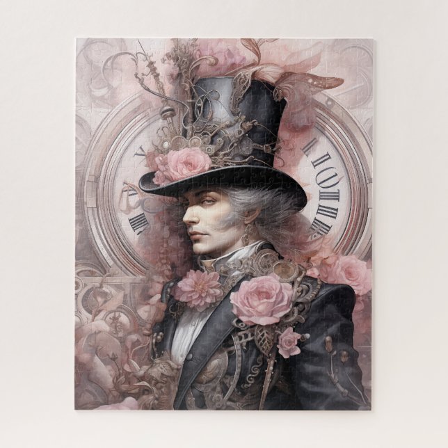 Roseate Engineer: Pink Steampunk Inventor Jigsaw Puzzle (Vertical)