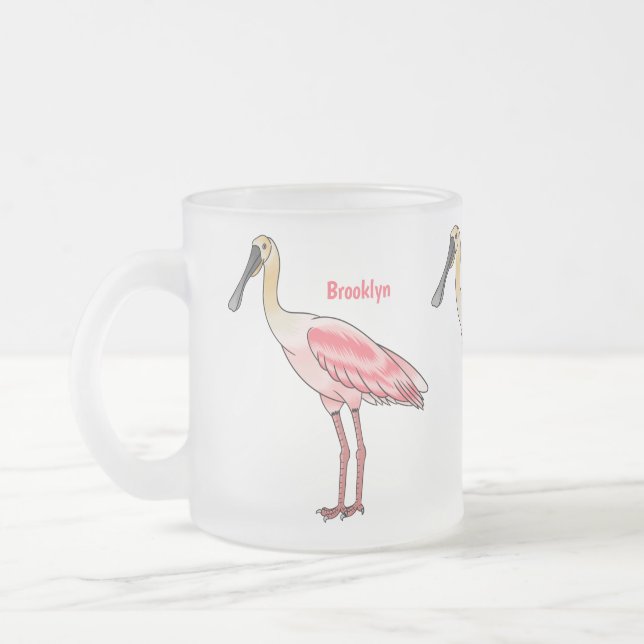 Roseate spoonbill bird cartoon illustration  frosted glass coffee mug (Left)