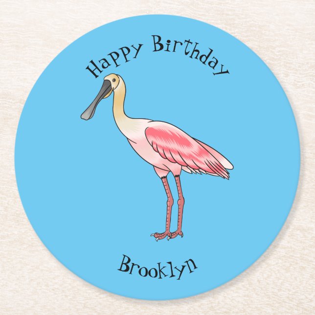 Roseate spoonbill bird cartoon illustration  round paper coaster (Front)