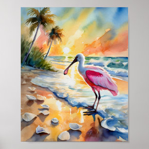 Roseate Spoonbill Florida Sunset Watercolor Poster