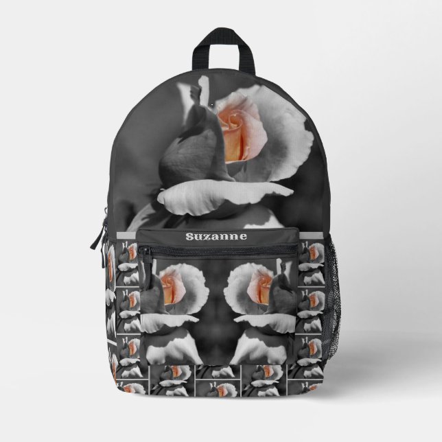 Rosebud Black And White Partial Colour Personalise Printed Backpack (Front)