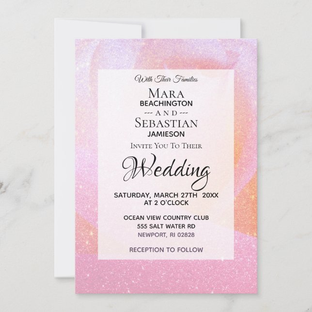 *~* Rosebud Faux Glitter Pink Peach Wedding Invitation (Front)