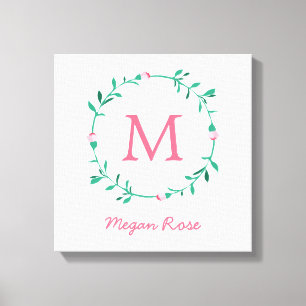 Rosebud Wreath Pink & Green Name Nursery Art Canvas Print