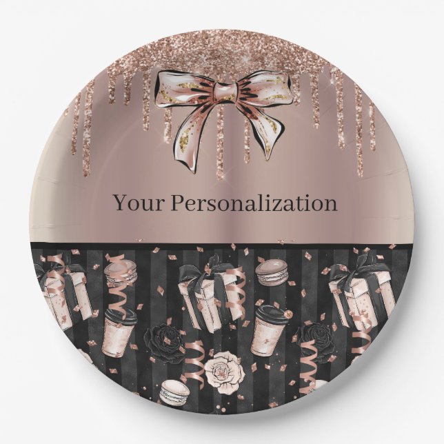 Rosegold & Black w/ Glitter, Bows & Ribbon Paper Plate (Front)