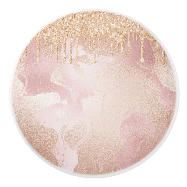 Rosegold Blush Marble with Gold Glitter Droplets Ceramic Knob (Front)