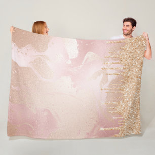 Rosegold Blush Marble with Gold Glitter Droplets Fleece Blanket