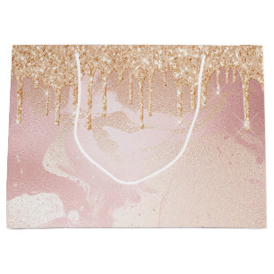 Rosegold Blush Marble with Gold Glitter Droplets Large Gift Bag