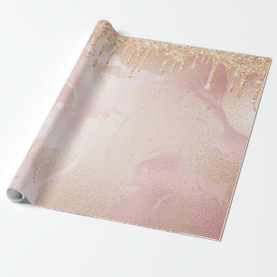 Rosegold Blush Marble with Gold Glitter Droplets Wrapping Paper