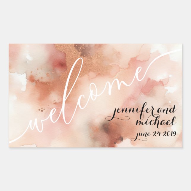 RoseGold Earthtone Watercolor Wedding Welcome Rectangular Sticker (Front)