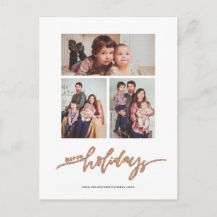 Rosegold Glitter Christmas 3 Photo Collage Holiday Postcard