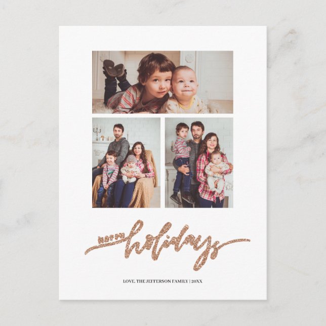 Rosegold Glitter Christmas 3 Photo Collage Holiday Postcard (Front)