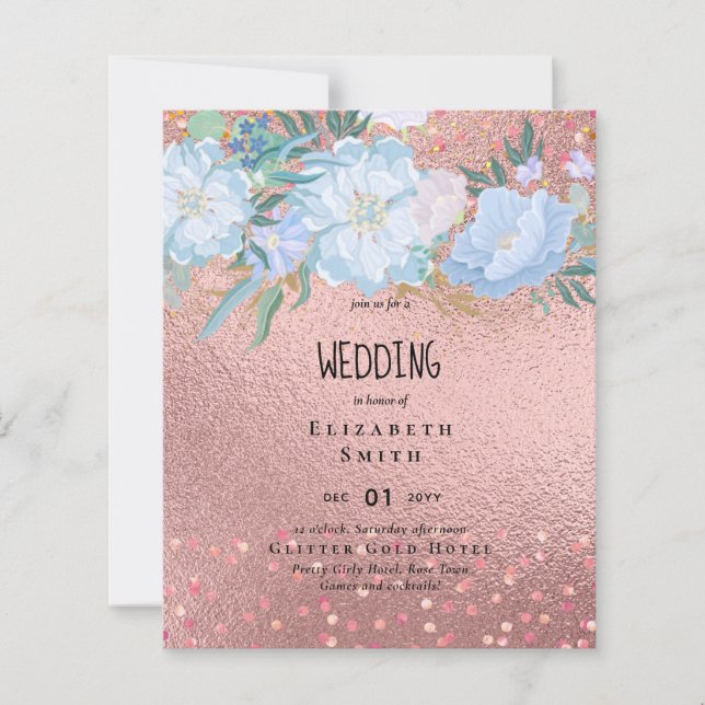 RoseGold Metallic Glitter Floral Foil Look Wedding (Front)