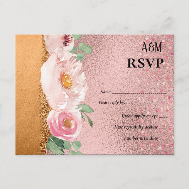 RoseGold Metallic Glitter Floral Foil Look Wedding Postcard (Front)