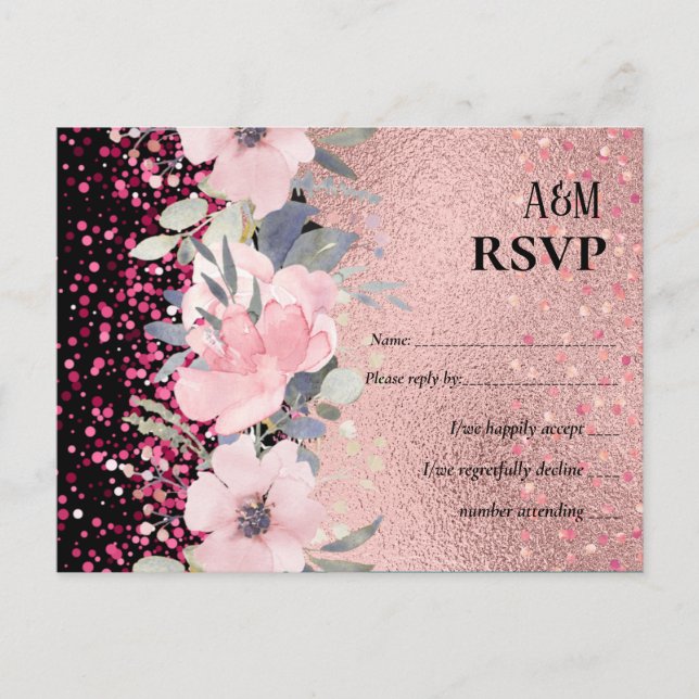 RoseGold Metallic Glitter Floral Foil Look Wedding Postcard (Front)