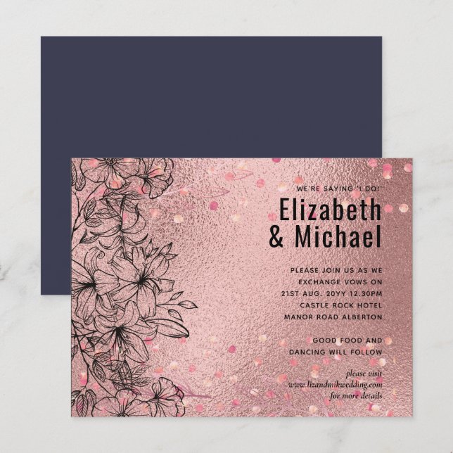 Rosegold Metallic WEDDING Glitter Look Invitation Postcard (Front/Back)