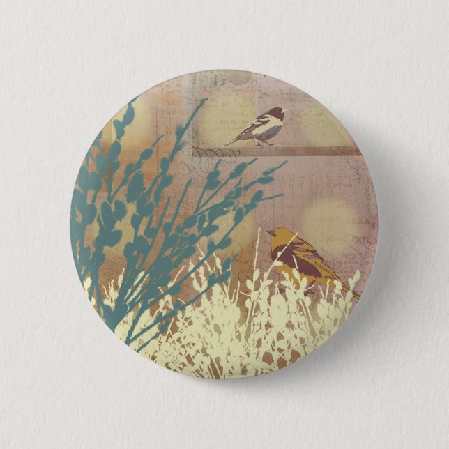 Rosegold Pussy WIllow Bird Design Botton 6 Cm Round Badge (Front)
