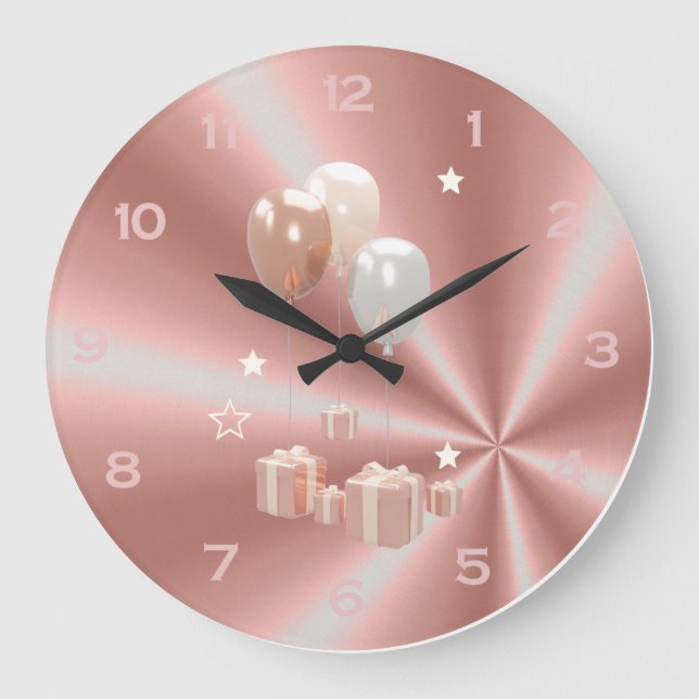Rosegold Silver Pink Balloons Gifts Girly Cute Large Clock (Front)