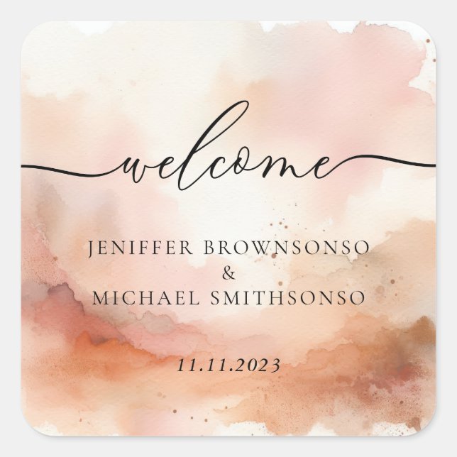 RoseGold Watercolor Wedding Welcome Square Sticker (Front)