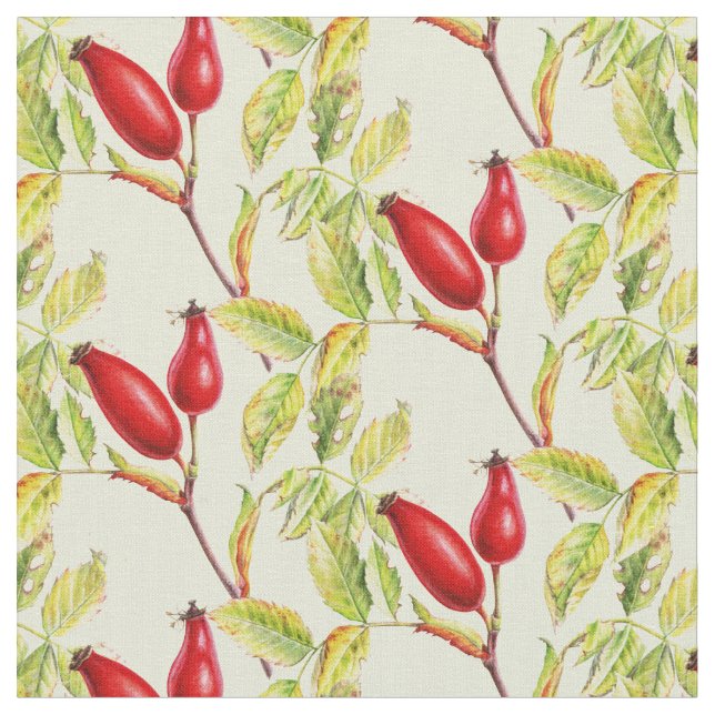 Rosehip botanical watercolor fruits fabric (Close Up)