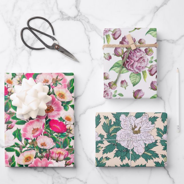 Rosehip Camellia & Peony Flowers Wrapping Paper Sheet (Front)