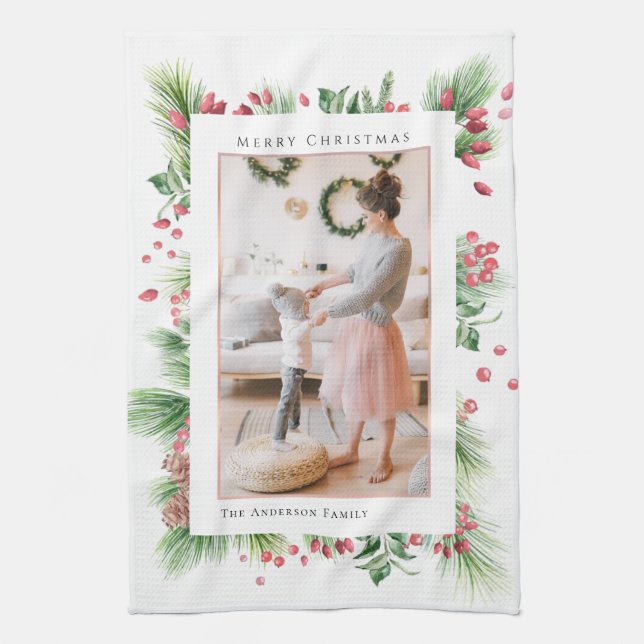 Rosehips & Holly Berries Christmas Greenery Photo Tea Towel (Vertical)