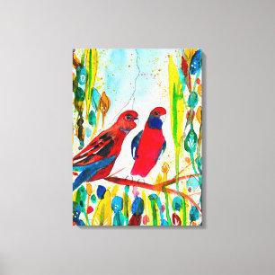 Rosella birds in tree watercolor art canvas print