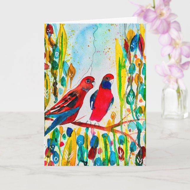 Rosella birds in tree watercolor art card (Orchid)
