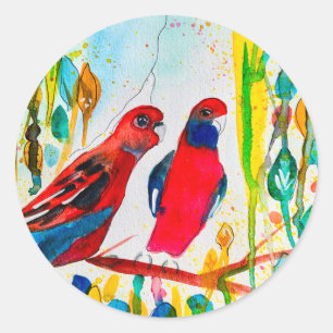 Rosella birds in tree watercolor art classic round sticker