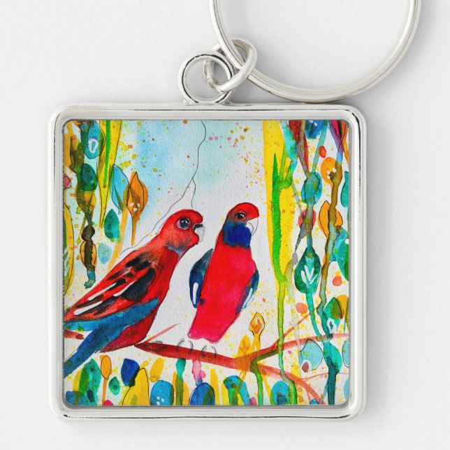 Rosella birds in tree watercolor art key ring (Front)