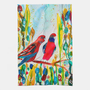 Rosella birds in tree watercolor art tea towel