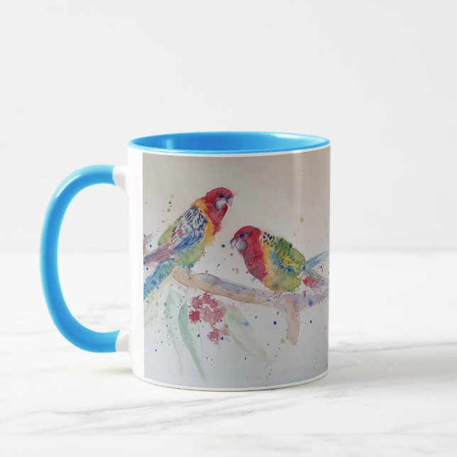 Rosella Parrot colorful Watercolour Mug Blue (Left)