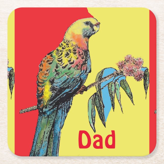 Rosella Parrot Watercolor Dad father Name Square Paper Coaster (Front)