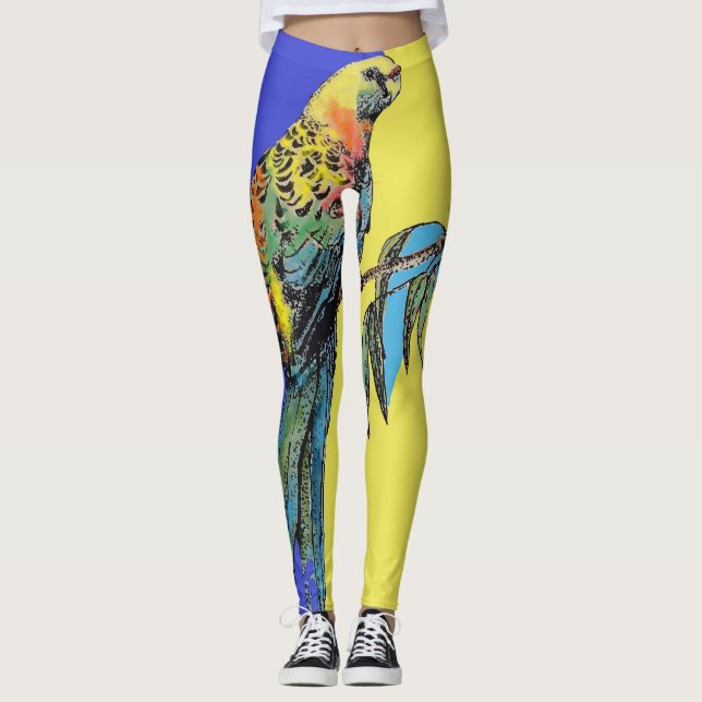 Rosella Parrot Watercolor Navy Blue Bird Leggings (Front)