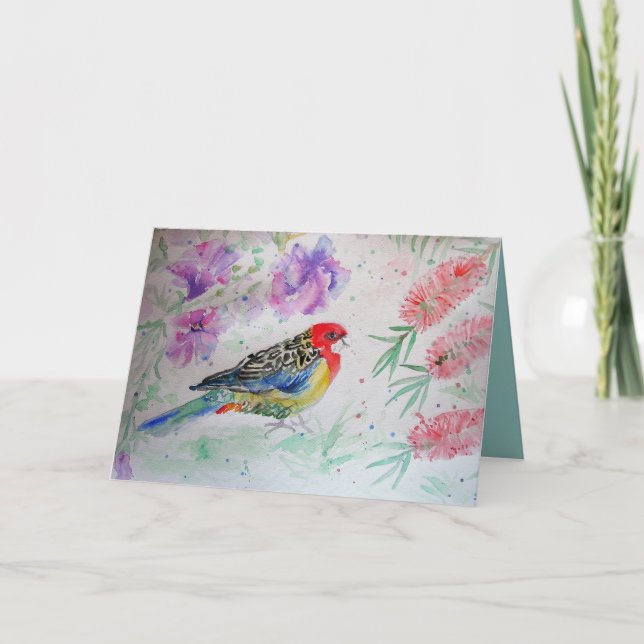 Rosella Parrot with Bottlebrush Bird Birthday Card (Front)