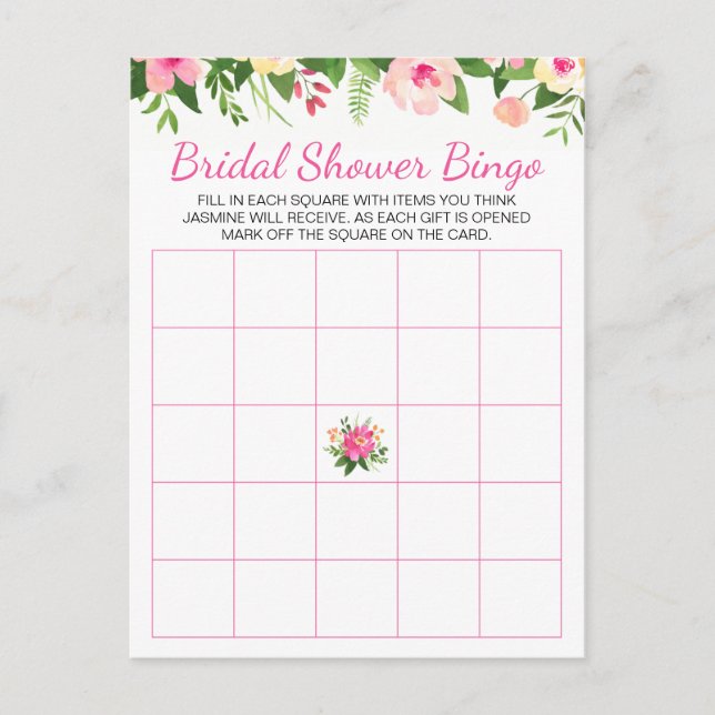 Rosella Pink Flowers Bridal Shower Bingo Card (Front)