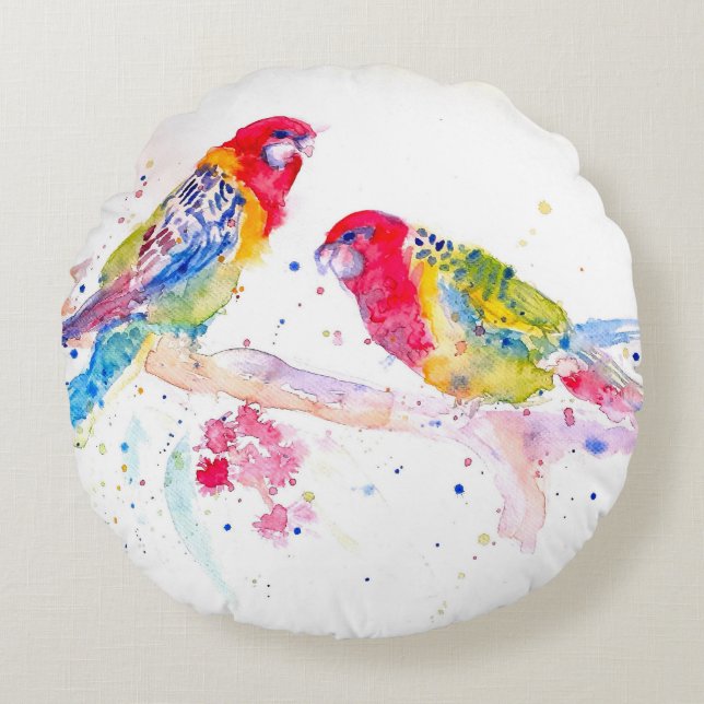 Rosella Red Parrot Parrots Watercolor Painting Round Cushion (Front)