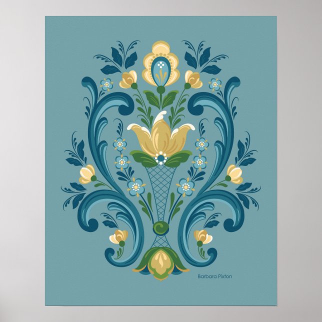 Rosemaling Blue and Gold Poster (Front)