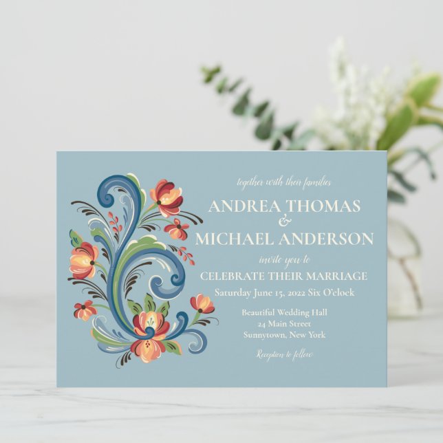 Rosemaling Blue and Red Wedding Invitation (Standing Front)